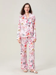 Women Casual Pink Pajama Set Cute Print Lapel Neck Button-up Long Sleeve Tops Long Pants 2-Piece Loungewear Outfit