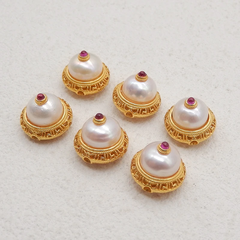 New Arrival! 1Pair Silver Gold Plated Natural Ruby and  Pearl Gemstone Carving Earring Beads, Jewelry DlY Making Accessories