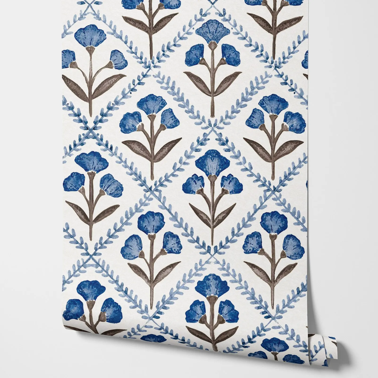 

Enchanting flowers wallpaper, Floral print Wall paper Poppy Blue, Country Style wallpaper in Blue/Navy/Brown color