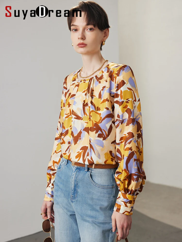 

SuyaDream, Women Floral Blouses, Twill 100%Real Silk, Round Collar, Long Sleeves Shirts, 2024 Spring Summer Elegant Top