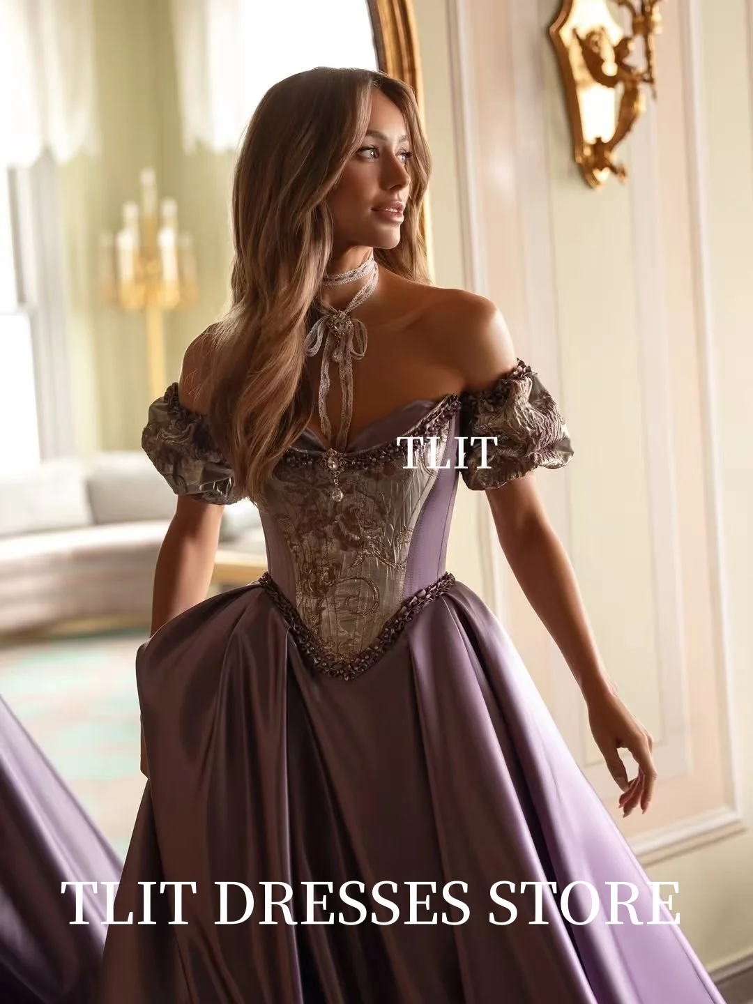 TLIT Luxus Lila Langes A-Linie Abendkleid Saudi Arabisch Frauen Formales Partykleid Applikationen Kristall Trägerloses Maßgeschneidertes Kleid