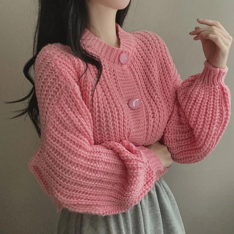 2024 Fall Winter Short Knitted Cardigan Women Thicken Warm Single-Breasted Sweater Female Solid O-Neck Long Sleeve Knitwear Coat