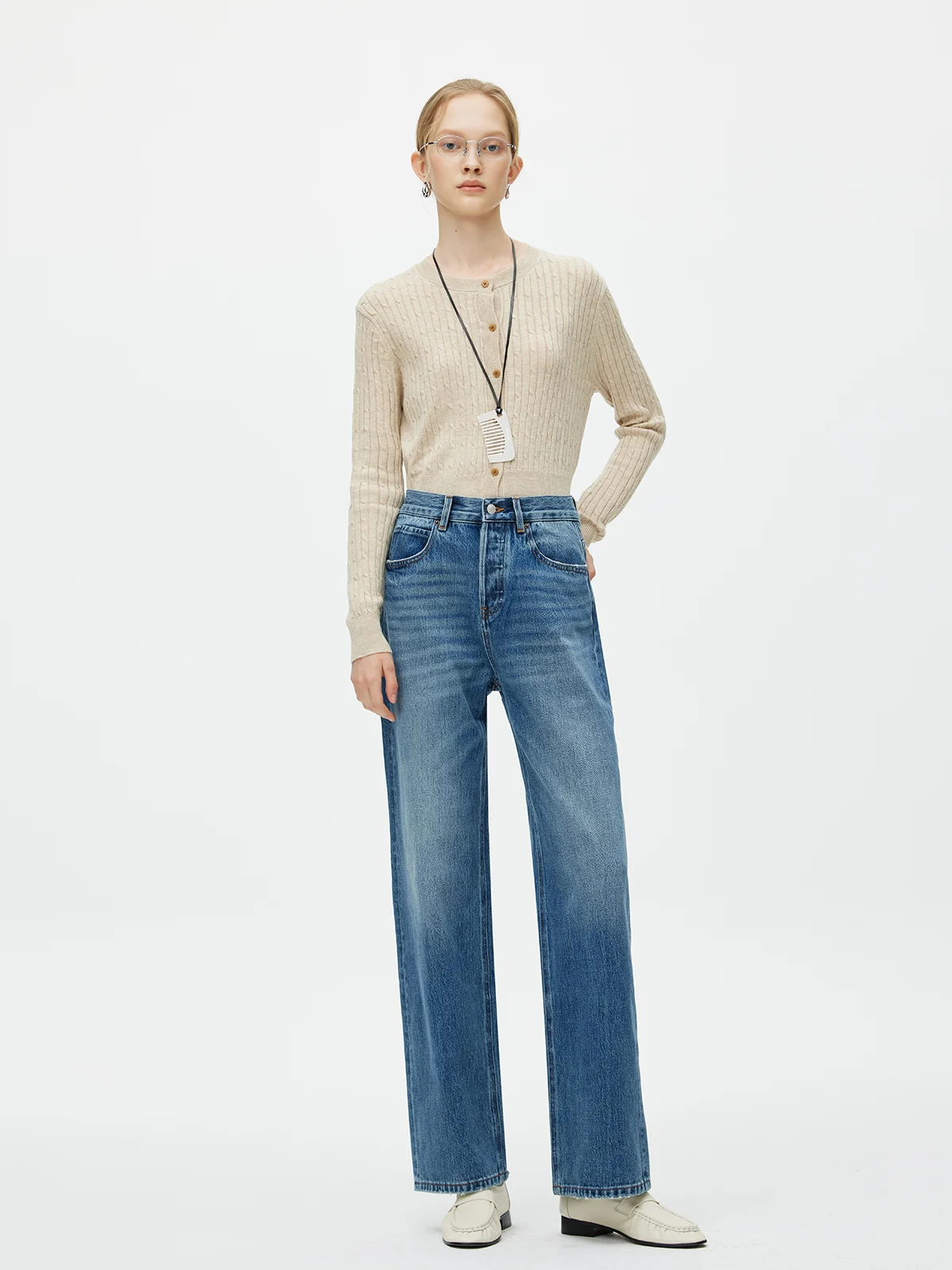 High Waist Loose Straight Leg Jeans Women's Premium Cotton Denim Pants Comfortable Breathable Daily Wear Blue JIZAN 203