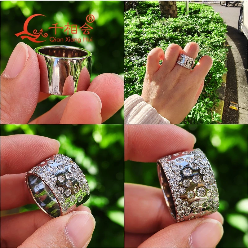 Sterling 925 Silver Moissanite Ring 12.6mm Width Half Inlay round Diamond Unisex Engagement Male Dating Jewelry