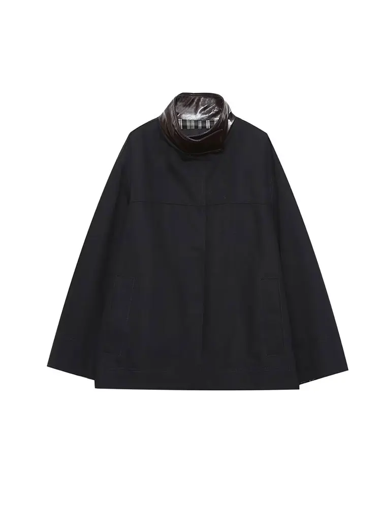 Nlzgmsj Autumn Women Casual Splicing Stand Collar  Jacket Women Outerwear Fashion Street Coats