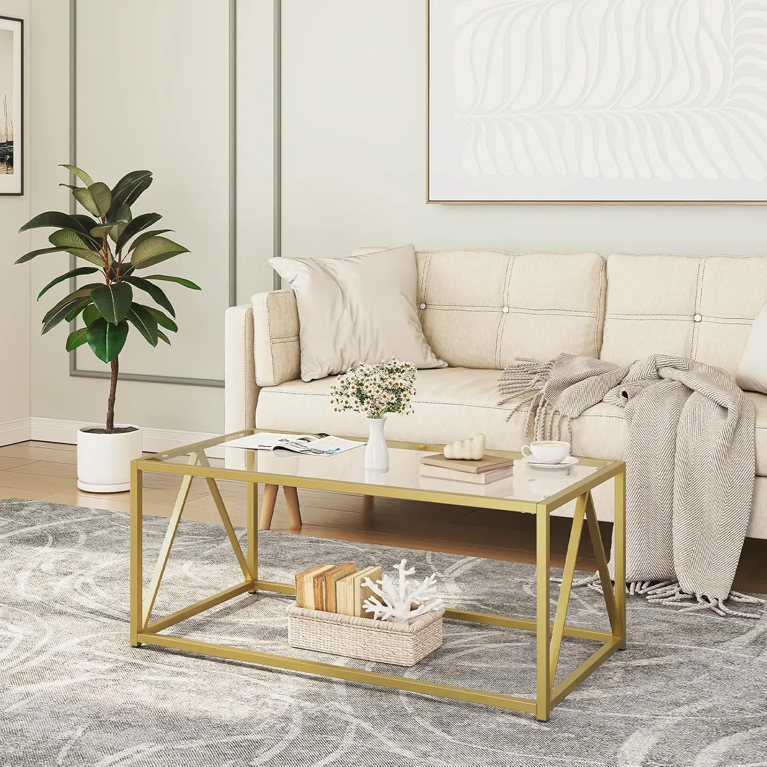 

Glass Coffee Table, Gold Coffee Tables for Living Room, Gold Glass Coffee Table,1 Layer Center Table