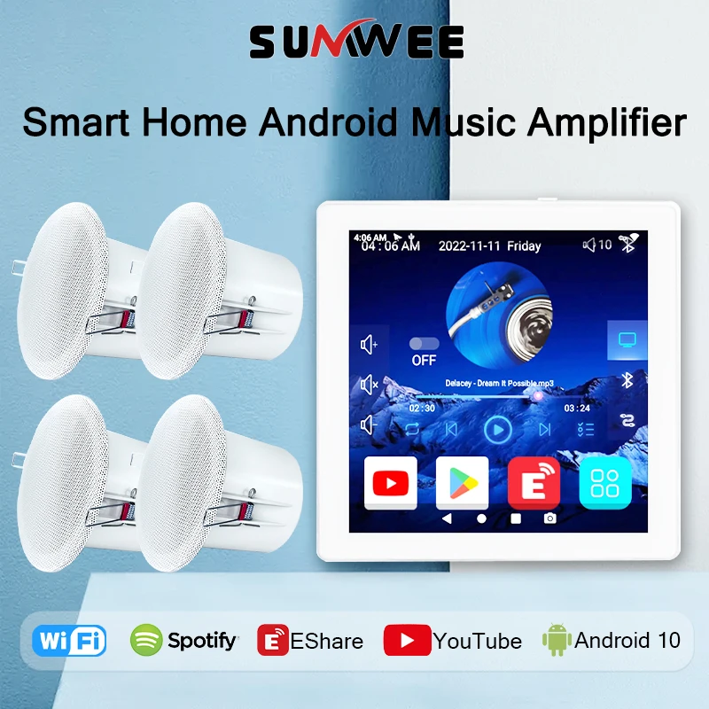 

Smart home Android 10 System WiFi Audio in Wall Amplifier Background Music host multilingual sound Panel 4 Inch Touch Screen 86