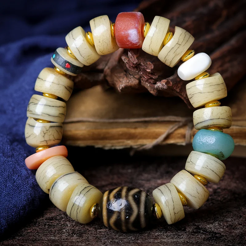 

Tibetan Jewelry Yak Bone Burst Pattern Large Intestine Bead Cultural Double Tiger Tooth Dzi Old Agate Bracelet