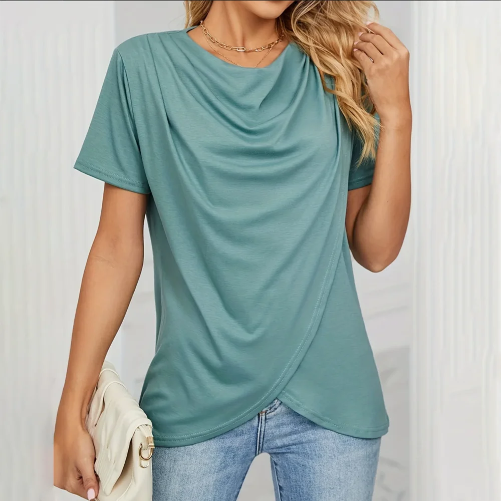 2025 Spring/summer new women's short-sleeved T-shirt with draping fashion casual fitted round neck