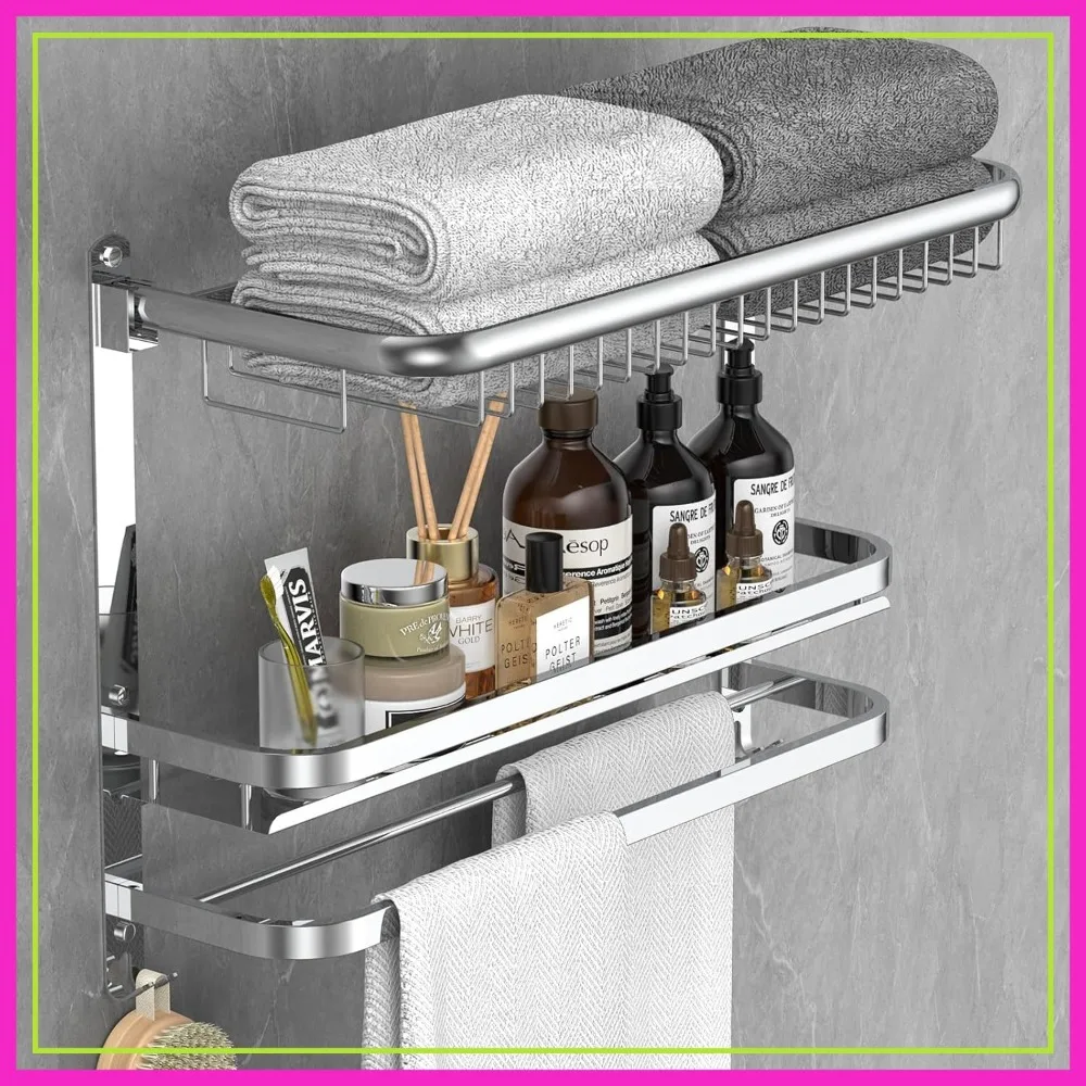 

Foldable 23.22 Inch Wall Mounted Towel Rack with Shelf Stainless Steel Bathroom Storage No Drilling (Silver)