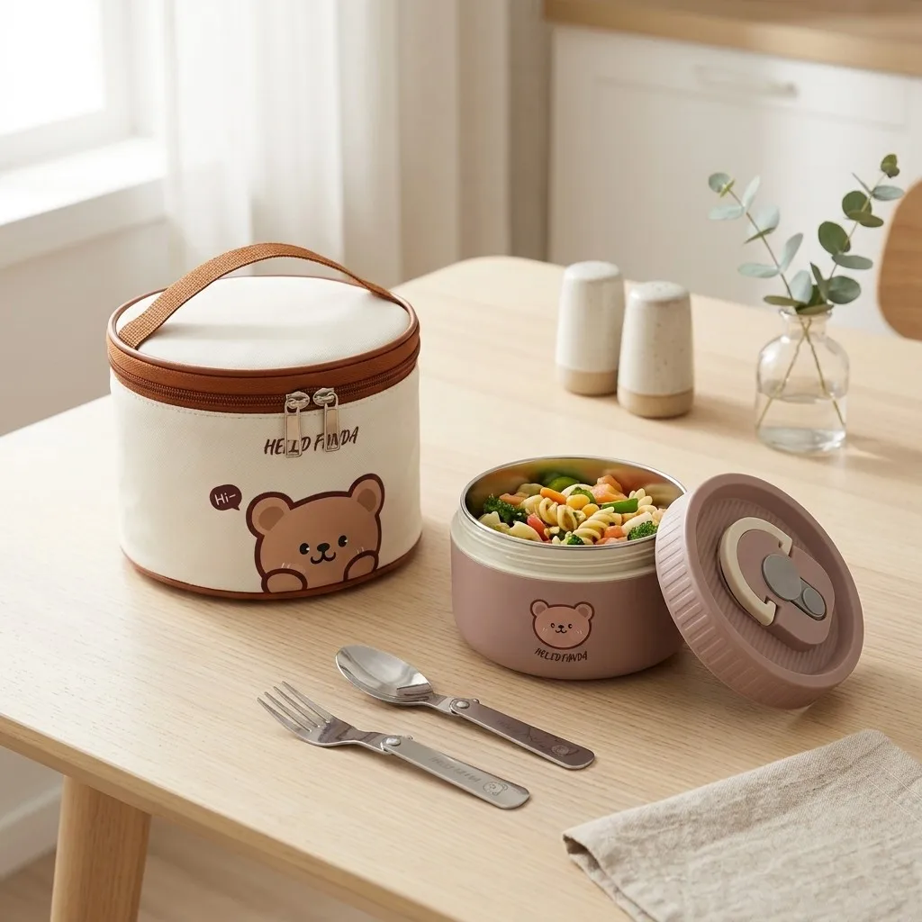 Microwavable 304 Stainless Steel Thermal Lunch Box Insulated Round Bento Box Kids Adults School Food Container with Handle Lid