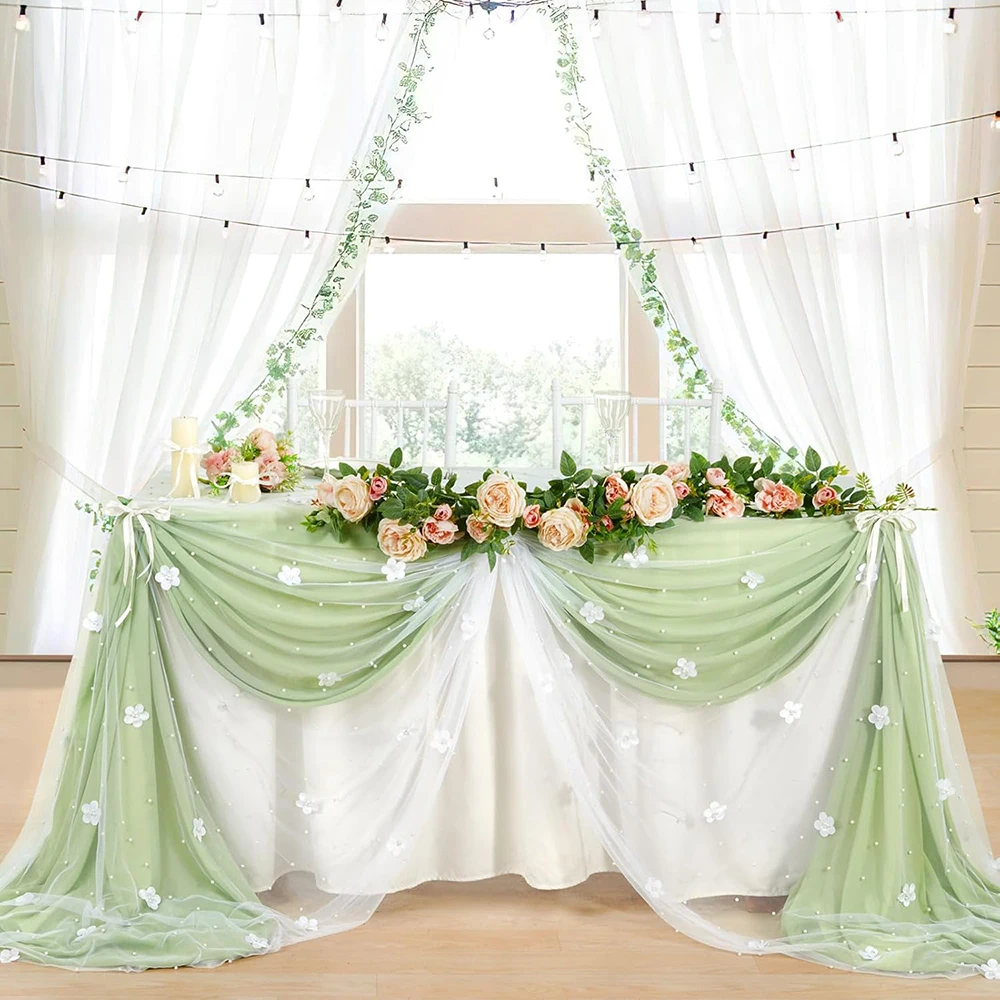 10ft Flower Pearl Table Runner Tulle Fabric Wedding Lace Tablecloth Arch for Bridal Shower Veil Baby Shower Table Decorations