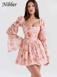 Nibber Elegance Rose Print Dress Women Autumn Trend Chest Wrap Flare Sleeve Sexy Stretch French Romance Daily Street Bodycon