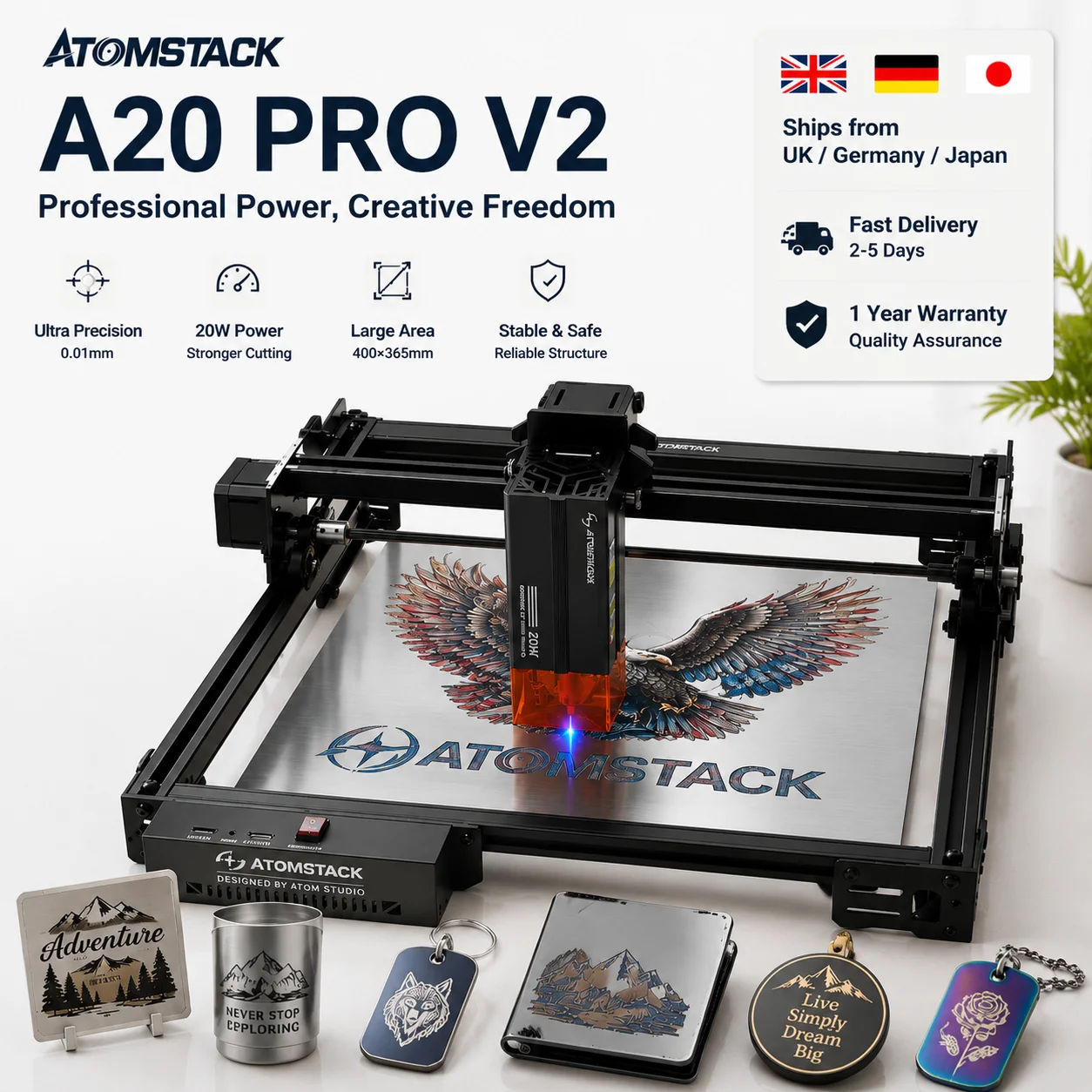 Grabador Láser Atomstack A20 Pro V2, Cortador Láser de Alta Potencia de 20W-24W para Madera y Metal, Máquina CNC de Escritorio de 400mm/s con Asistencia de Aire y LightBurn, Área de Trabajo de