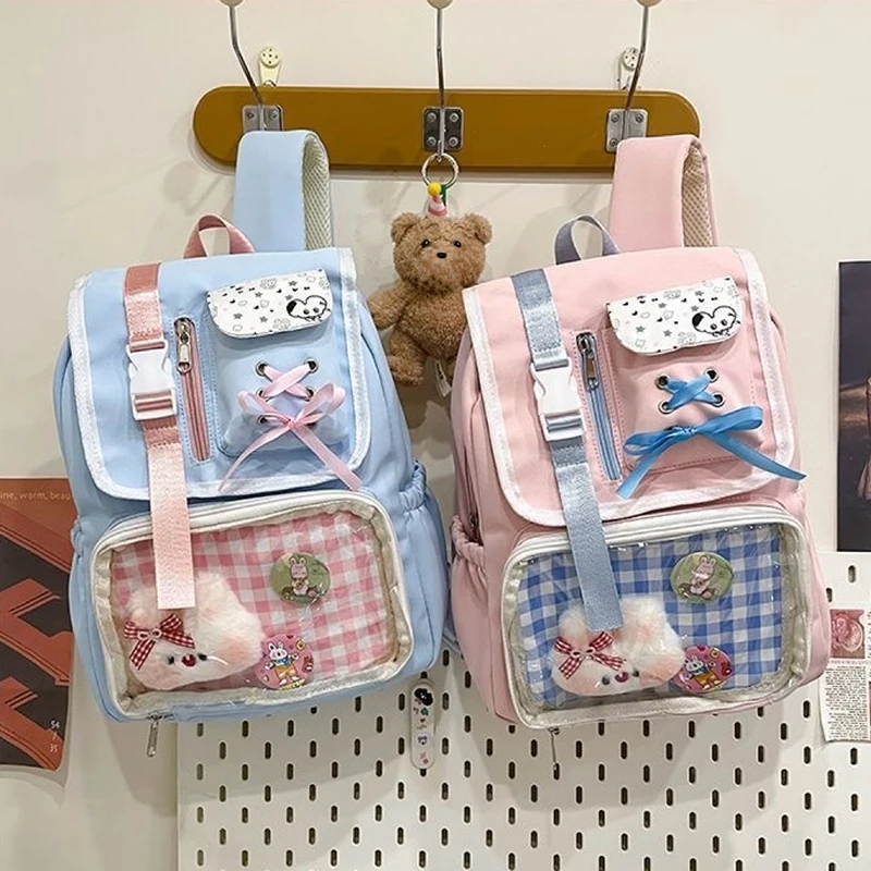 Richme Dopamine Ita Bag Female 2025 Harajuku Students Multi Pockets Mochilas Para Mujer DIY Anime Badge Cross Ribbon Backpack