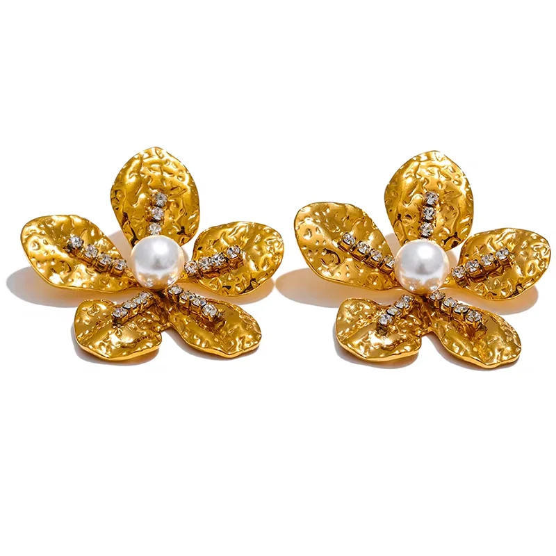 PRISCA | Gold Flower Stud Earrings for Women Stainless Steel Party Pearl Jewelry 18k Gold Stylish Wholesale