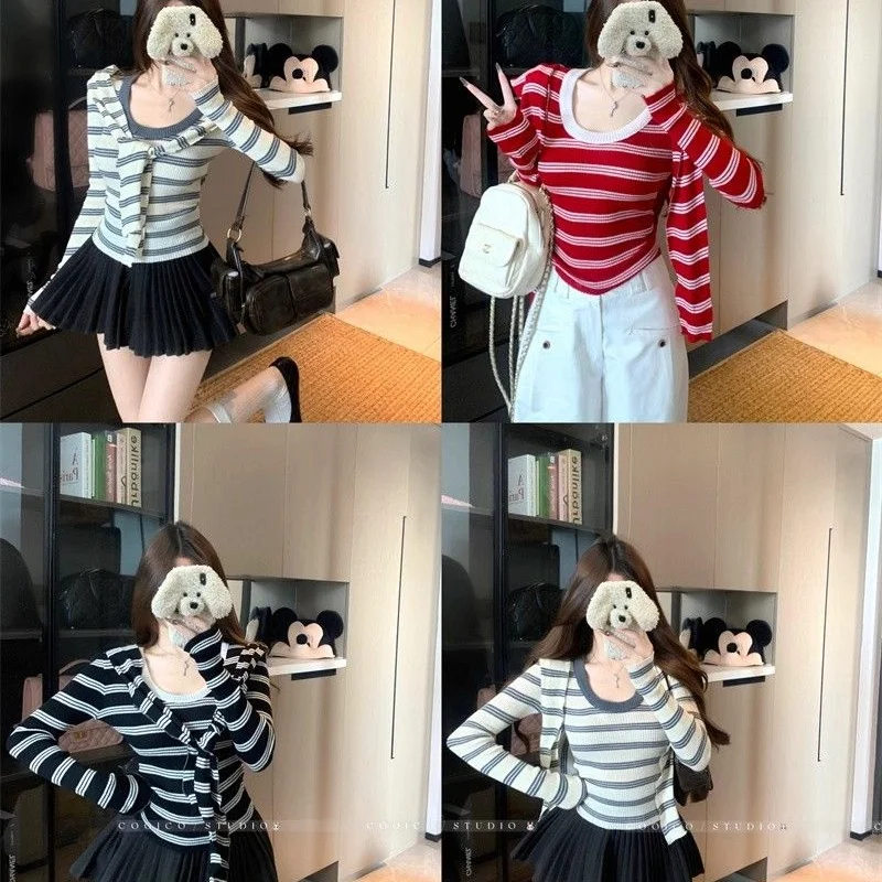 Women New Korean‑Style Elegant Striped‑Shawl‑Layering Knit Sweater Lady Everyday‑Casual Cropped Long‑Sleeve Fashion Knit Top