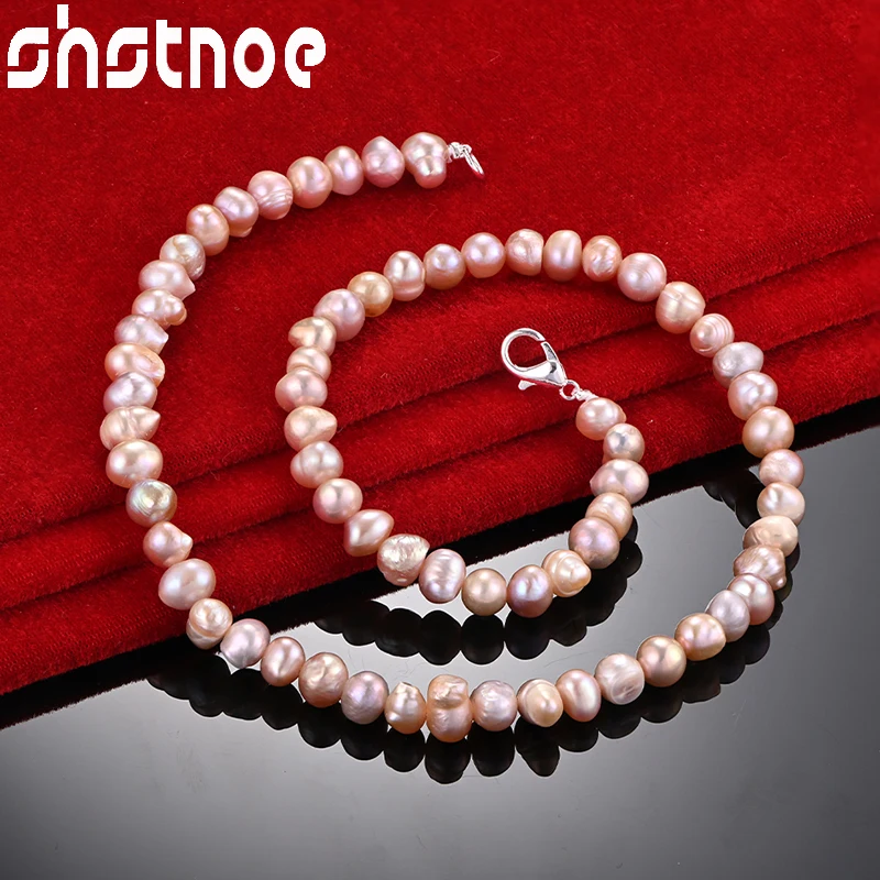 SHSTONE 925 Sterling Silver 16-20 Inch String Chain Pink White Purple Pearls Necklace For Women Wedding Party Fashion Jewelry