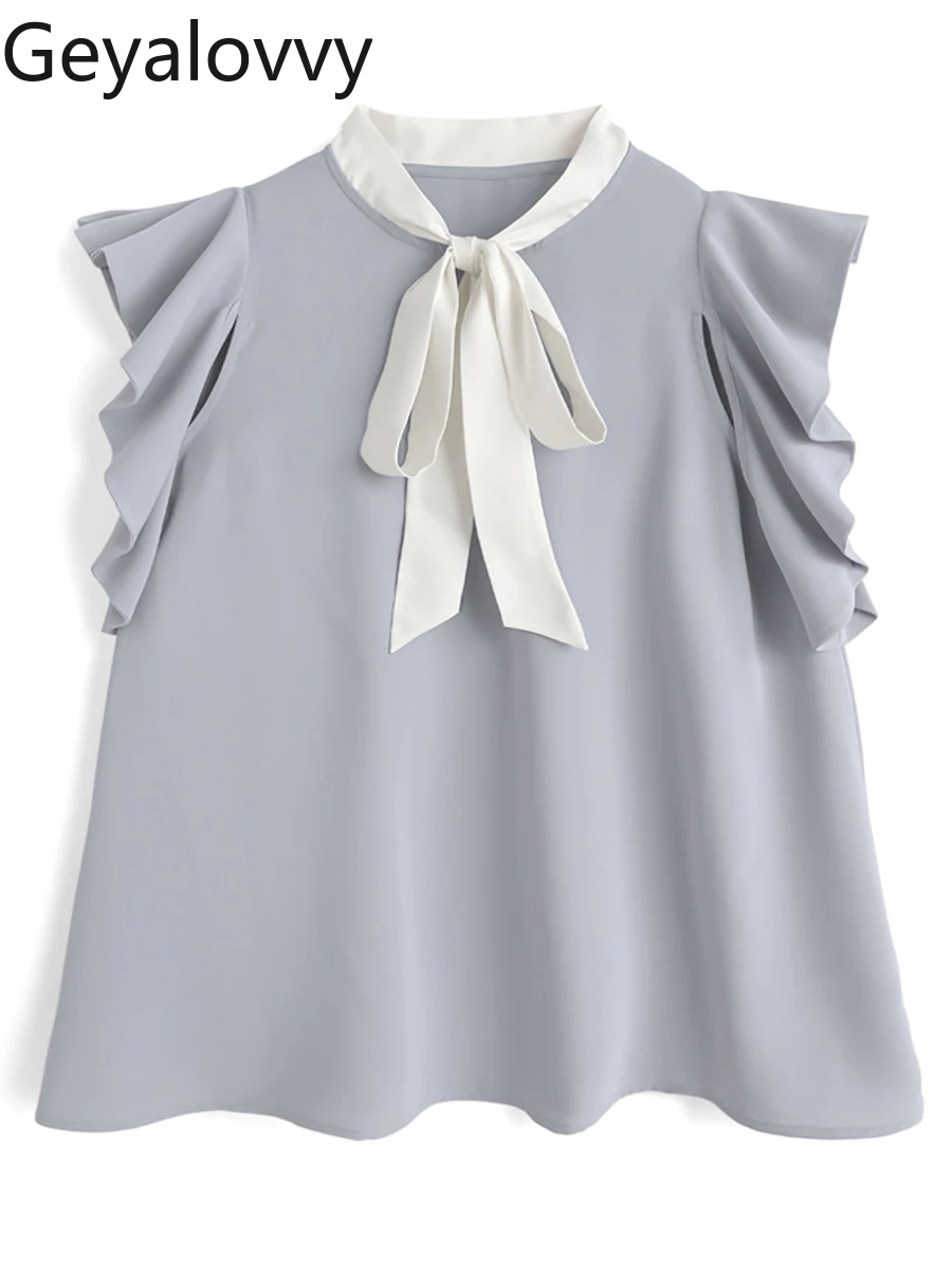 

Новая милая рубашка в японском стиле для девочек, рубашка с рюшами и цветными блоками, топы с галстуком-бабочкой, летняя освежающая элегантная блузка без рукавов