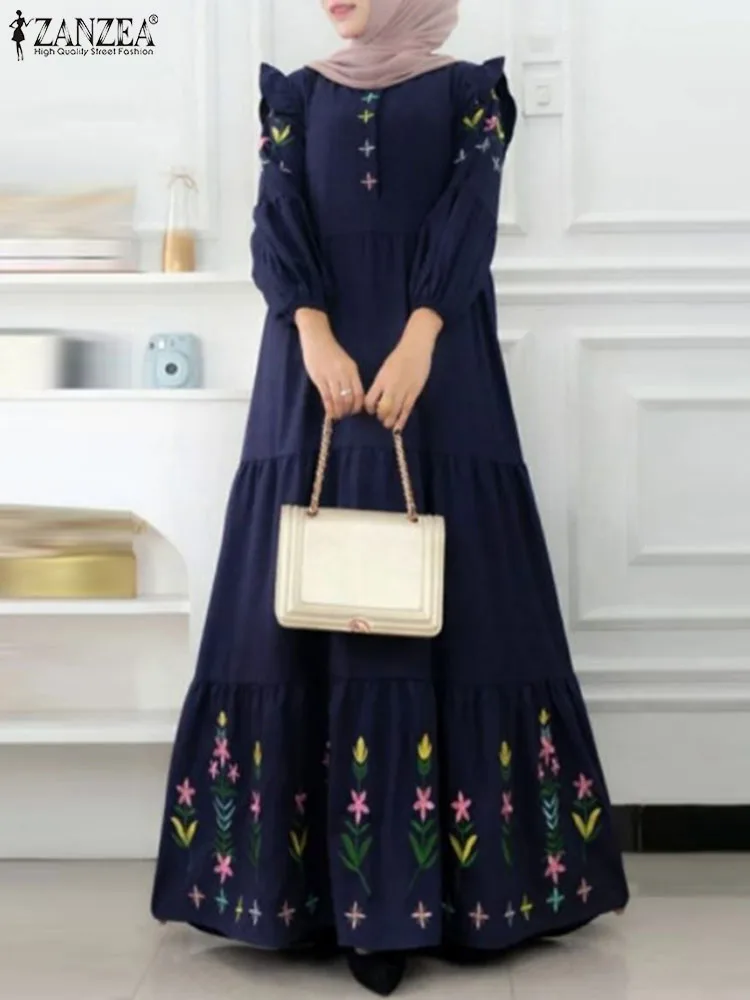 

ZANZEA Elegant Layered Muslim Dress Long Sleeve O-Neck Maxi Robe Vintage Party Sundress Fashion Floral Printed Vestidos Oversize