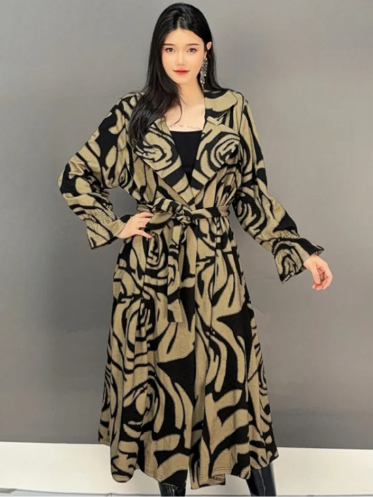 

Vefadisa 2024 Autumn Winter New Yellow Personalized Printed Women Trench Coat Lapel Long Sleeve Retro Trench Coat ZXY1173A