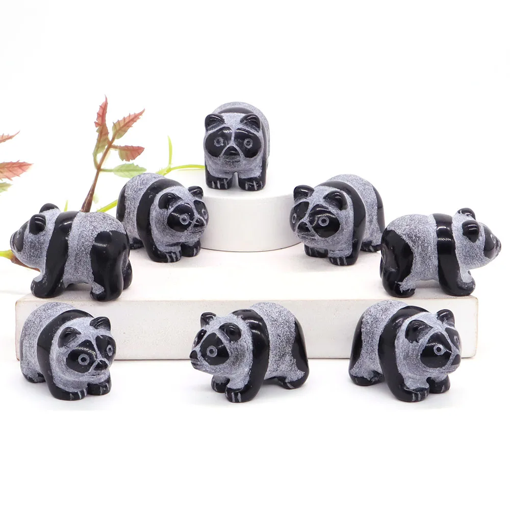 

Lovely Panda Statue Natural Black Obsidian Crystal Reiki Healing Stone Carving China Bear Figurine Crafts Home Decor Toys Gift