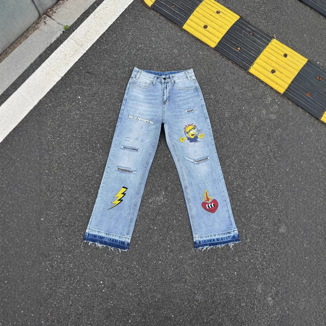 

Firmranch Cartoon Graffiti Ripped Jeans Both For Men Women American High Street Denim Pant Straight Wide Leg Loose Trousers