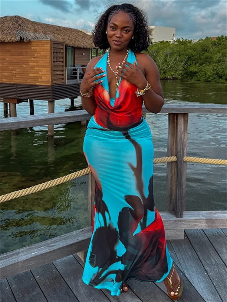 Długa sukienka damska z nadrukiem dziwnych kotów, letni trend, wiązana na szyi, rozkloszowany dekolt, odkryte plecy, bez rękawów, modna sukienka wakacyjna, obcisła sukienka typu \"vestidos\".