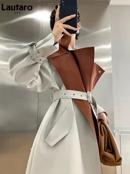 Lautaro Spring Autumn Patchwork Trench Coat for Women Belt Runway European Fashion Cool Stylish Luxury Designer Clothes 2023