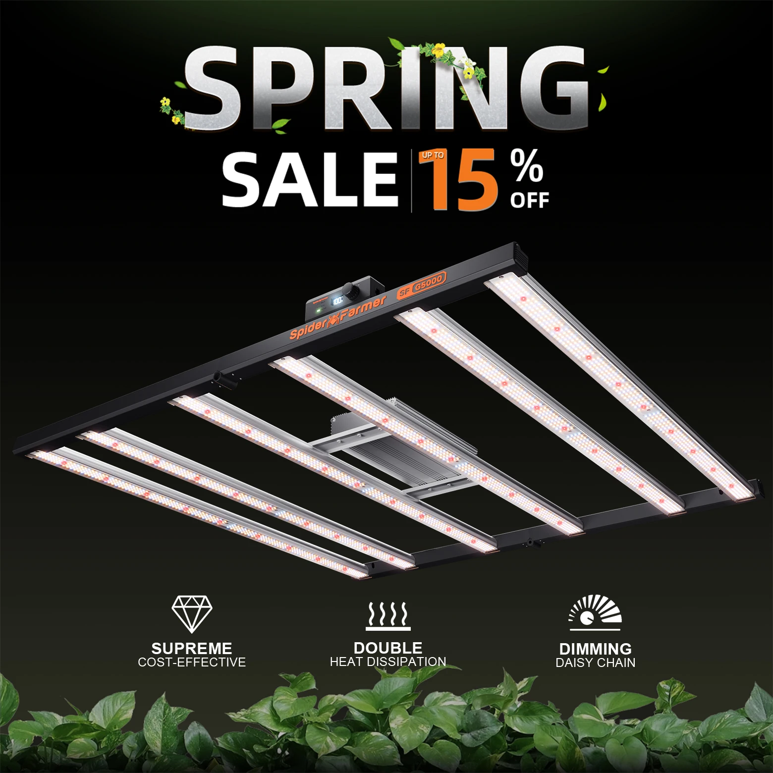 

Spider Farmer G5000 480W Full Spectrum LED Grow Light Commercial CO2 Indoor Hydroponics for Seedling Vegetation Flowering Plants