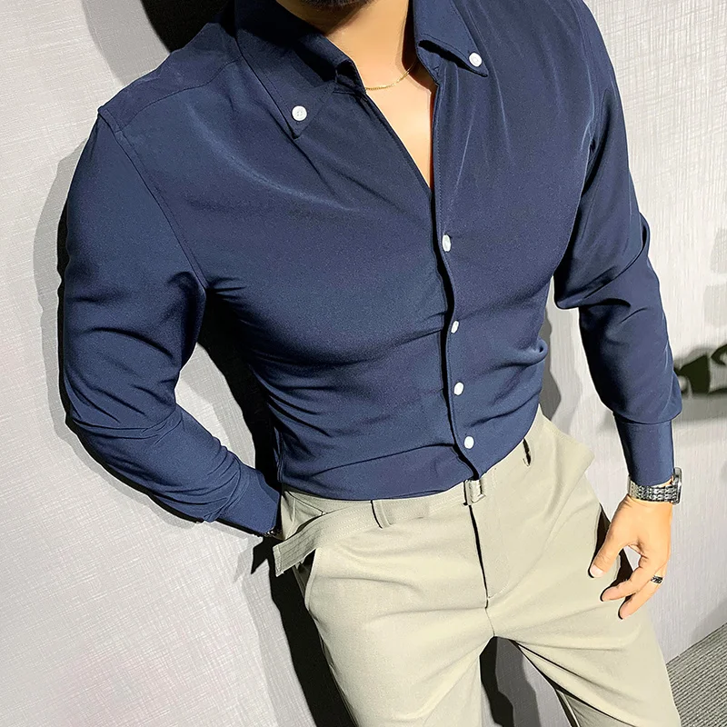 Trend Brand Fashion Korean Solid Color Shirt Men 2021 British Windsor Collar Long Sleeve Shirt Men Business Slim Fit Shirt Dress