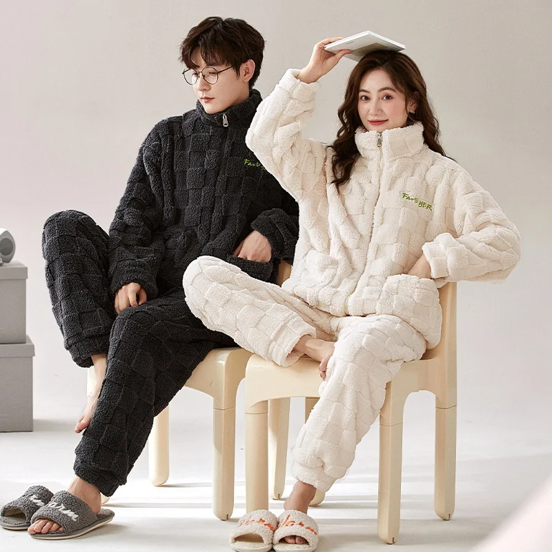 Couple Winter Flannel Pajamas Long-sleeved Coral Velvet Warm Men\'s Pajamas Set Cardigan Zipper Korean Home Wear