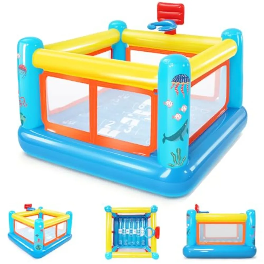 

Небольшой надувной батут для детей 3-6 лет из ПВХ с баскетбольным кольцом и игрой в классику (китайскую шашку), для игр в помещении и на улице, сине-красный