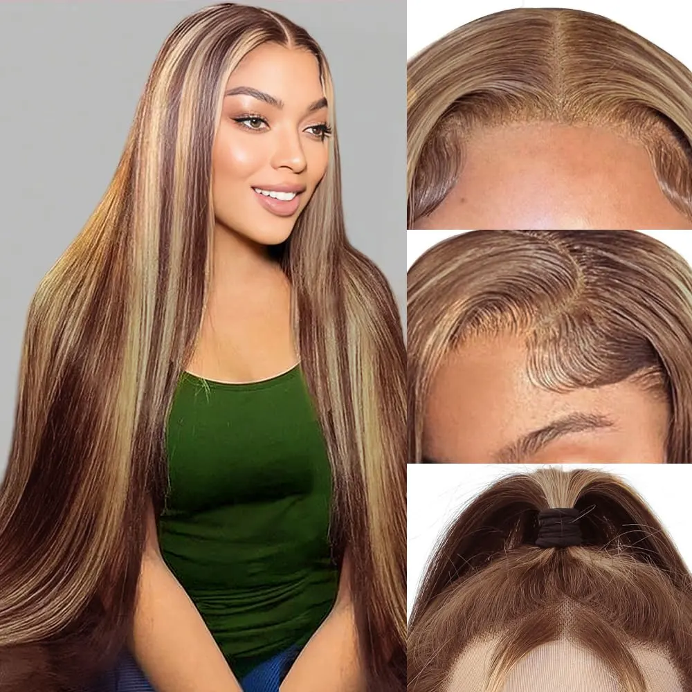 

Megeen 13X4 Lace Front Wig 100% Human Hair Highlight P4/27 Colored Straight Human Hair Pre Plucked Honey Blonde Lace Front Wigs