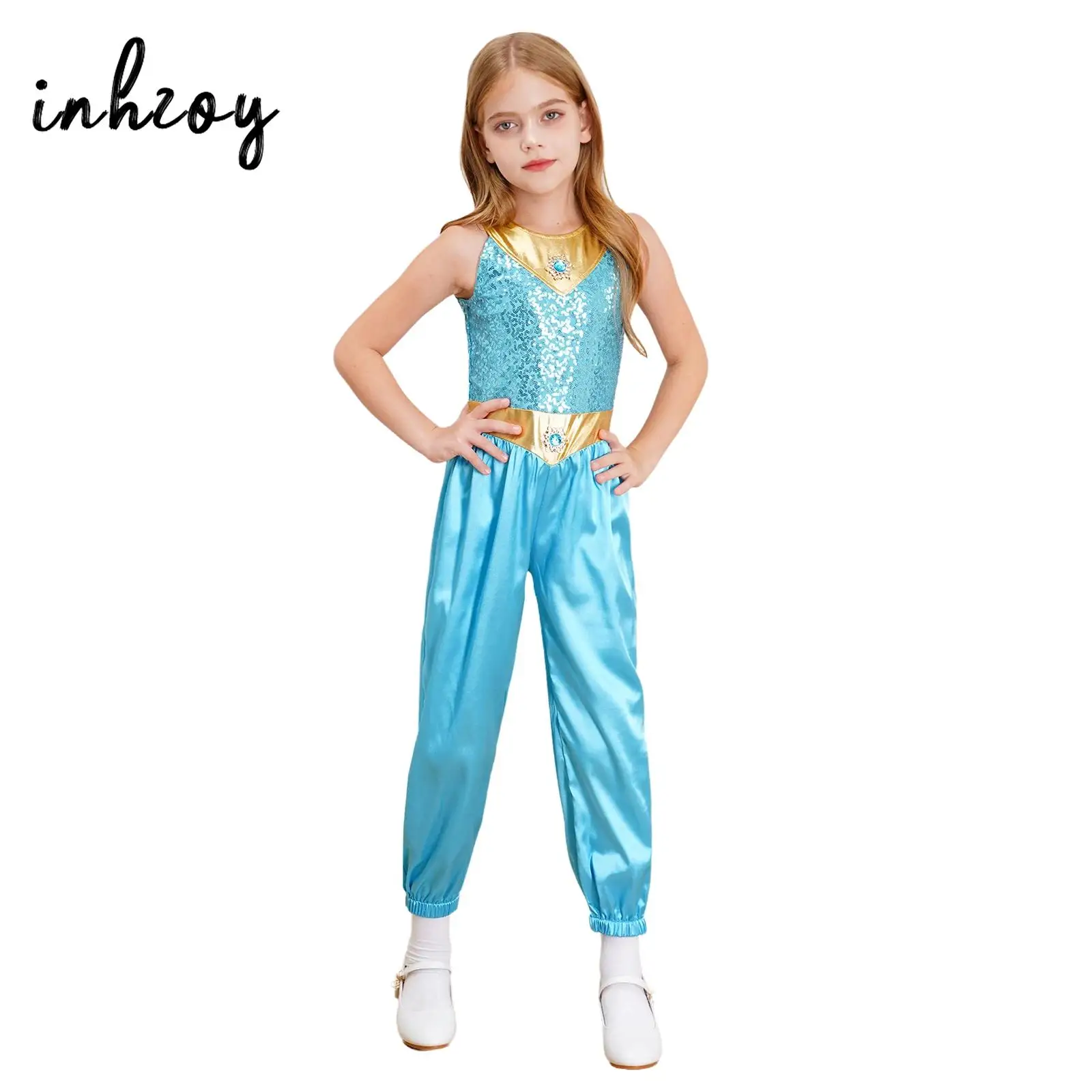 Kids Halloween Aladin Jasmines Costume Girls Arabian Princess Dress up Sequin Dance Jumpsuit Carnival Cosplay Party Fancy Outfit