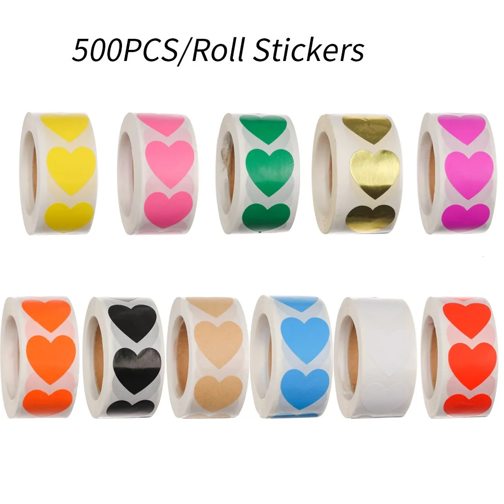 500Pcs/Roll Love Heart Shaped Sticker Seal Labels Cute Stationery Sticker Scrapbooking for Craft Birthday Party Gift Packaging