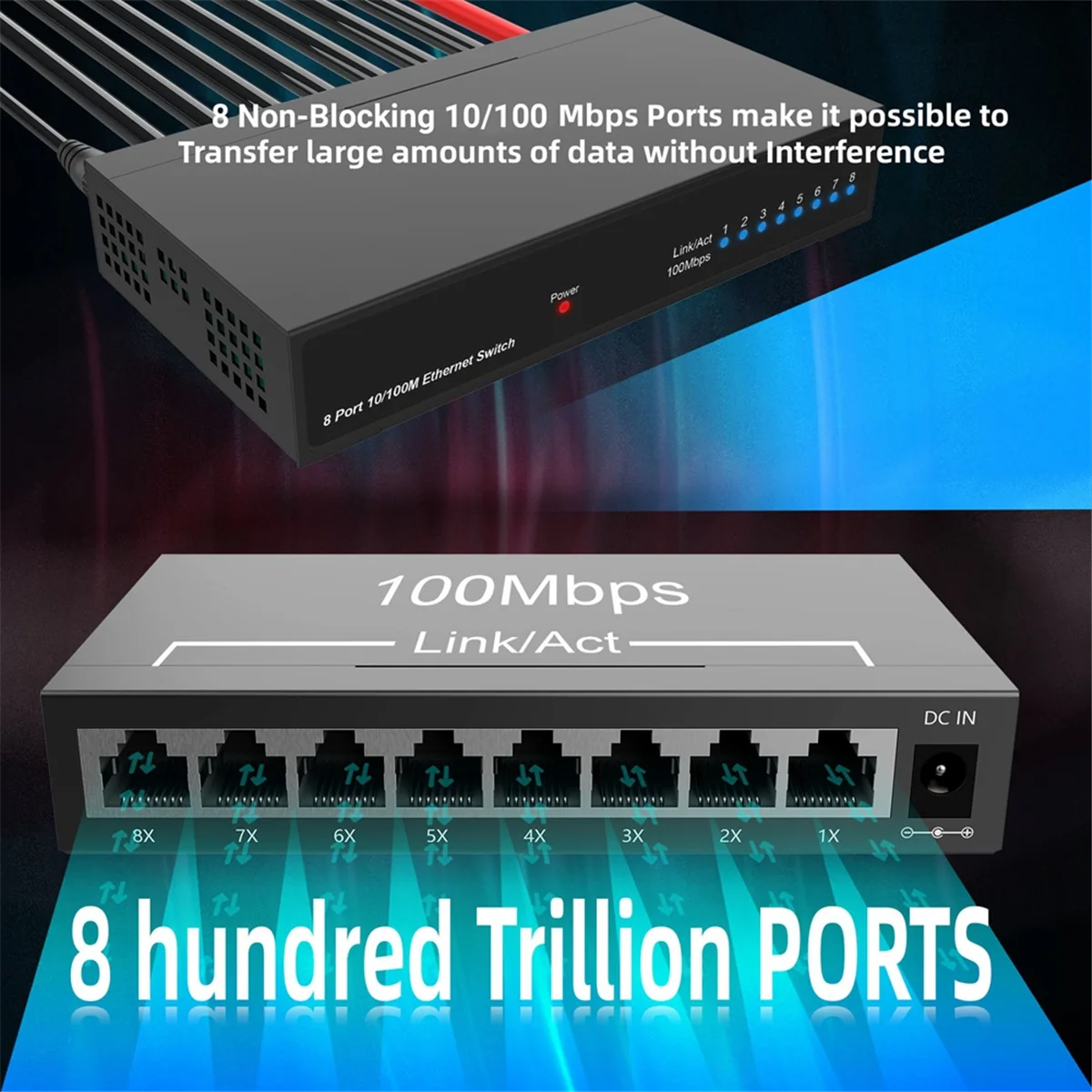 ABAB 8 Port Gigabit Ethernet Switch RJ45 Hub Internet Splitter Smart Switch Ethernet Network Switch 10/100Mbps US Plug