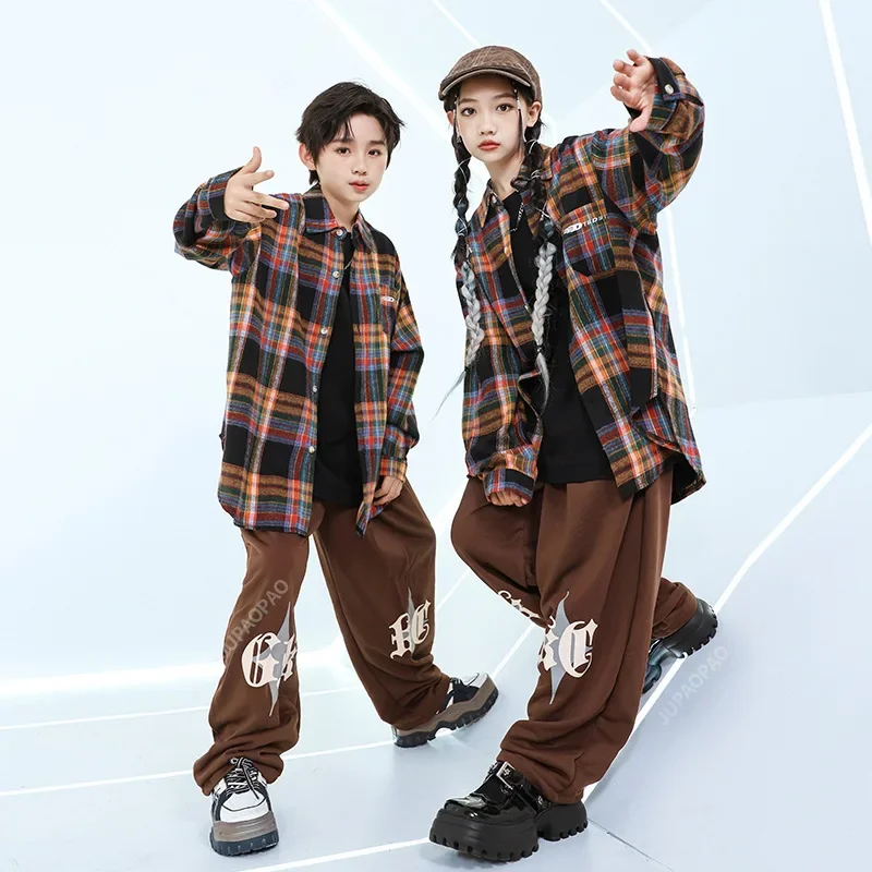 

Boys HipHop Deep Coffee Grid Shirt Joggers Girls Letters Blouse Street Dance Loose Pants Child Jazz Clothes Sets Kids Streetwear