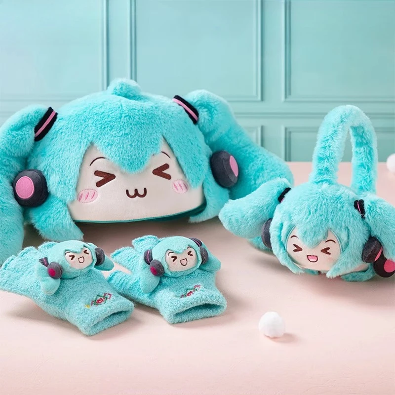 

Anime Hatsune Miku Squint Eyes Winter Warm and Cold proof Plush Hat Gloves Earmuffs Miku Cute Surroundings Gifts