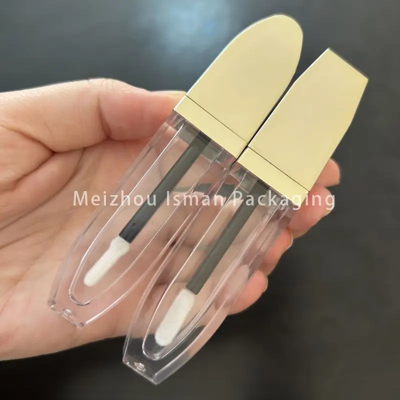 

50Pcs empty spray cover oval gold lip glaze tube 3ml square clear lip gloss container and packaging with with flat applicator