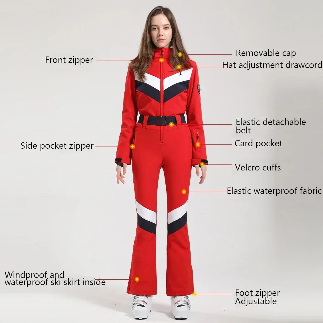 2025 Winter Overalls Women Slim Fitting Ski Suit Outdoor One-Piece Jumpsuits Wind Proof Waterproof Skiing Set Snowfield Clothing