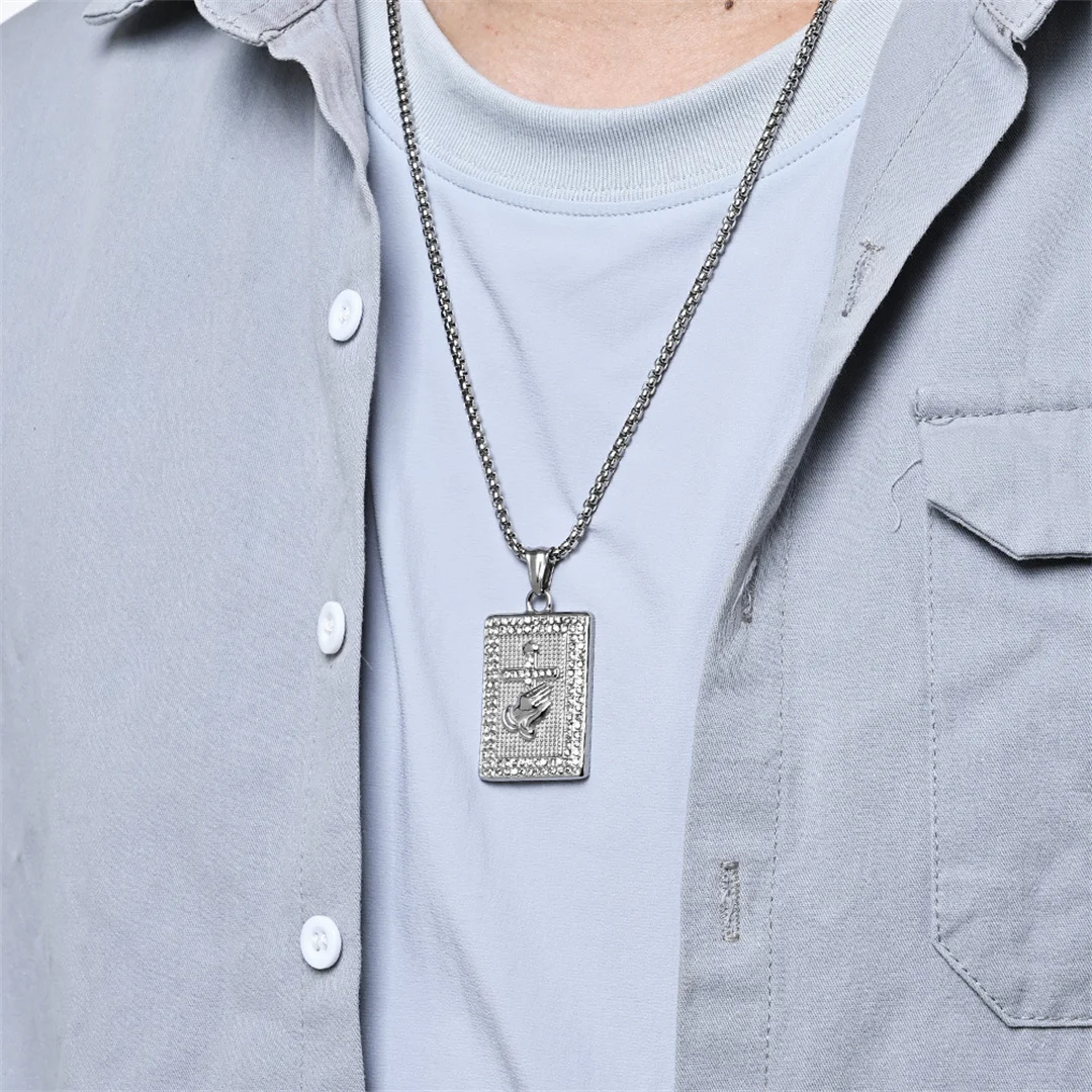 Hip Hop Iced Out Zirconia Praying Hands Cross Pendant Gold Silver Color Stainless Steel Square Necklace for Woman Men Jewelry