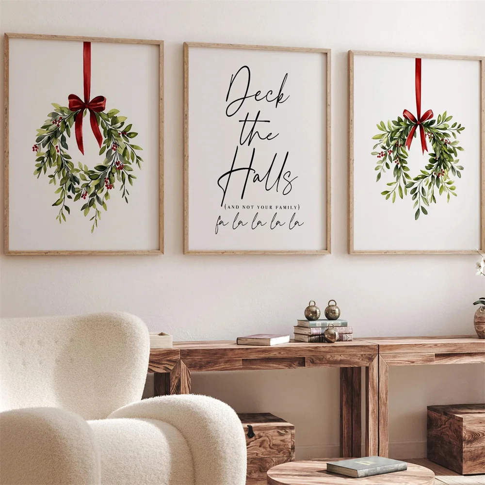 3PCS Large-sized frameless canvas paintings,Christmas Set of 3 Prints Printable wall art Deck The Halls Poster Christmas Wreath