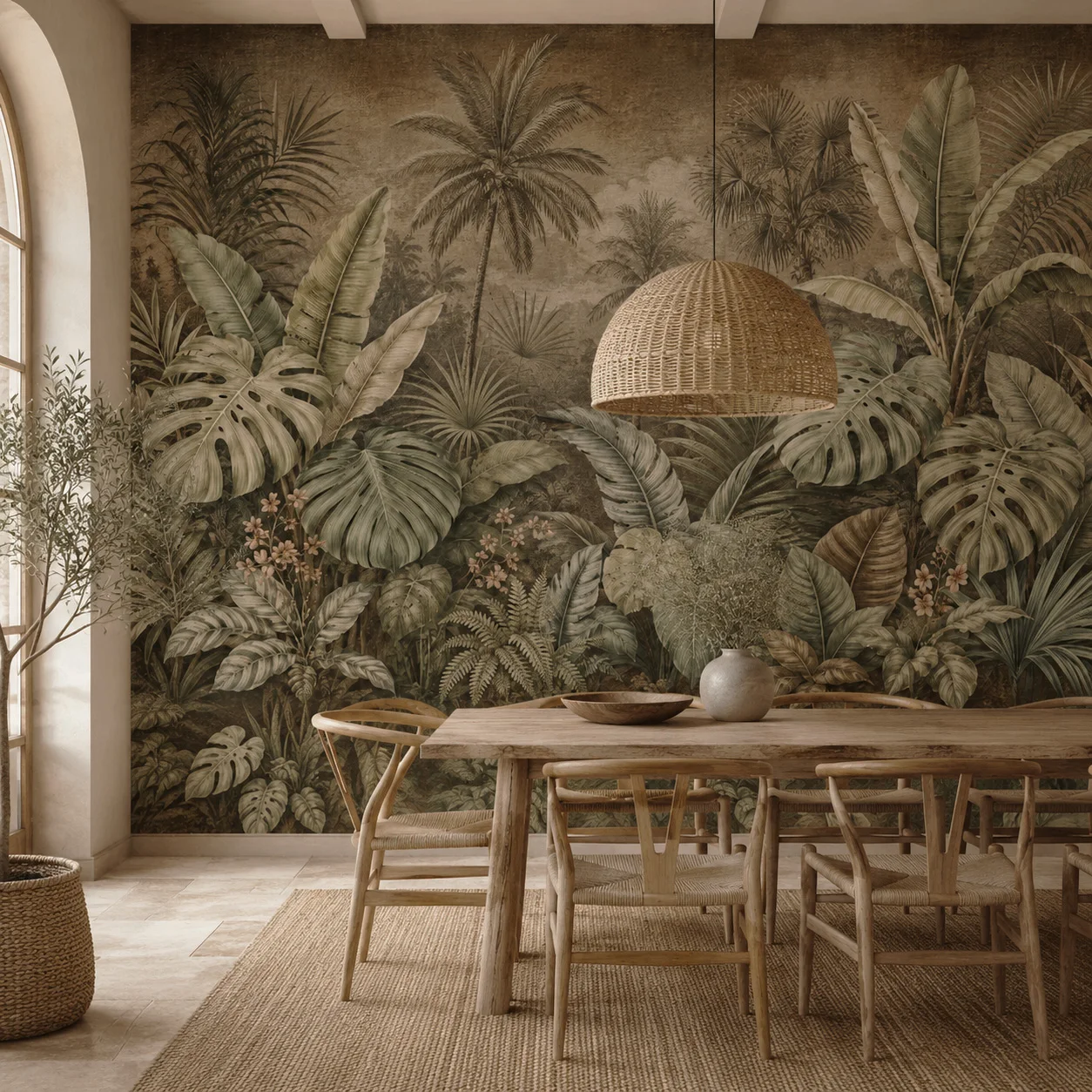 Vintage Tropical Jungle Wall Mural, Botanical Palm Leaf Wallpaper, Retro Rainforest Home Decor, Non Self Adhesive, Glue Required