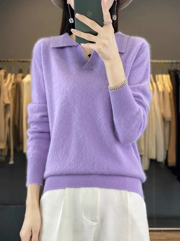 Winter Spring 100% Mink Cashmere Women Jumper Polo-Collar Fashion Knit Solid Color Sweater Long Sleeve Large Size Base Warm Tops