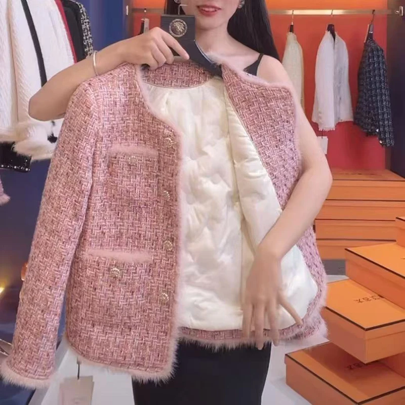Pink Small Fragrance Jacket Women Down Lining Warm Short Jacket Autumn Winter Tweed Woolen Coat Female Casual Tops Outerwear