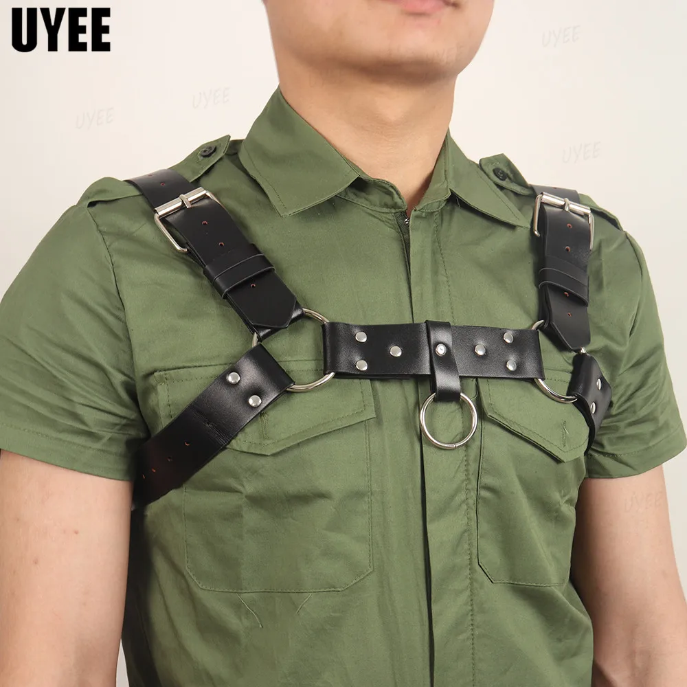 UYEE-arnés de moda Punk para hombres, fetiche de cuero PU, cadena de cuerpo de Metal enjaulado ajustable, tirantes de ropa Gay, cinturón Rave, estilo gótico