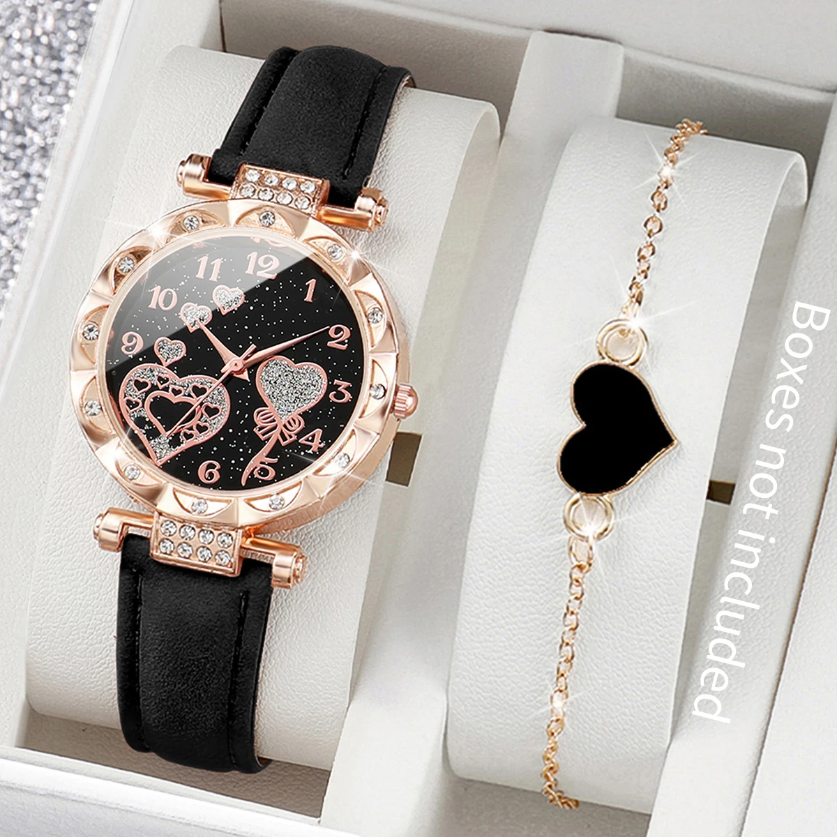 여성용 아날로그 쿼츠 시계 팔찌 세트, 라인석 가죽 밴드, 패션 시계, 박스 없음, 2PCs/세트