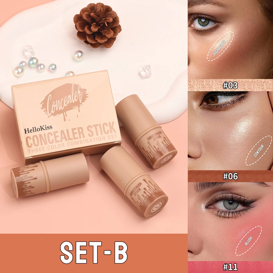 Bâton correcteur hydratant, 3 pièces, lisse et durable, ombre de nez 3D, imperméable, reflets du visage, poudre éclaircissante, fard à joues
