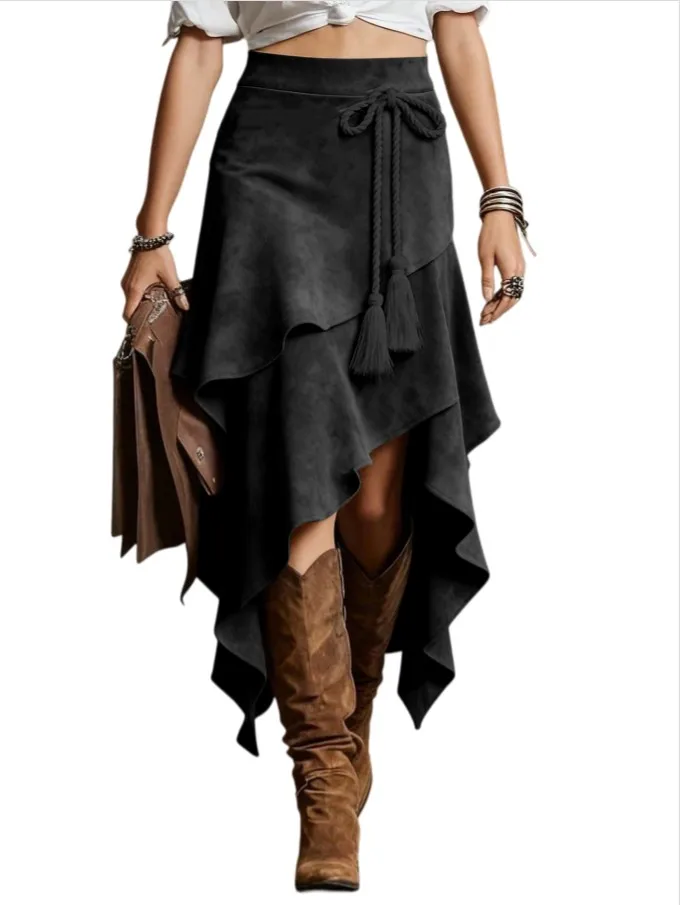 autumn irregular lace up slimming a-line mid to long brown suede skirt for women
